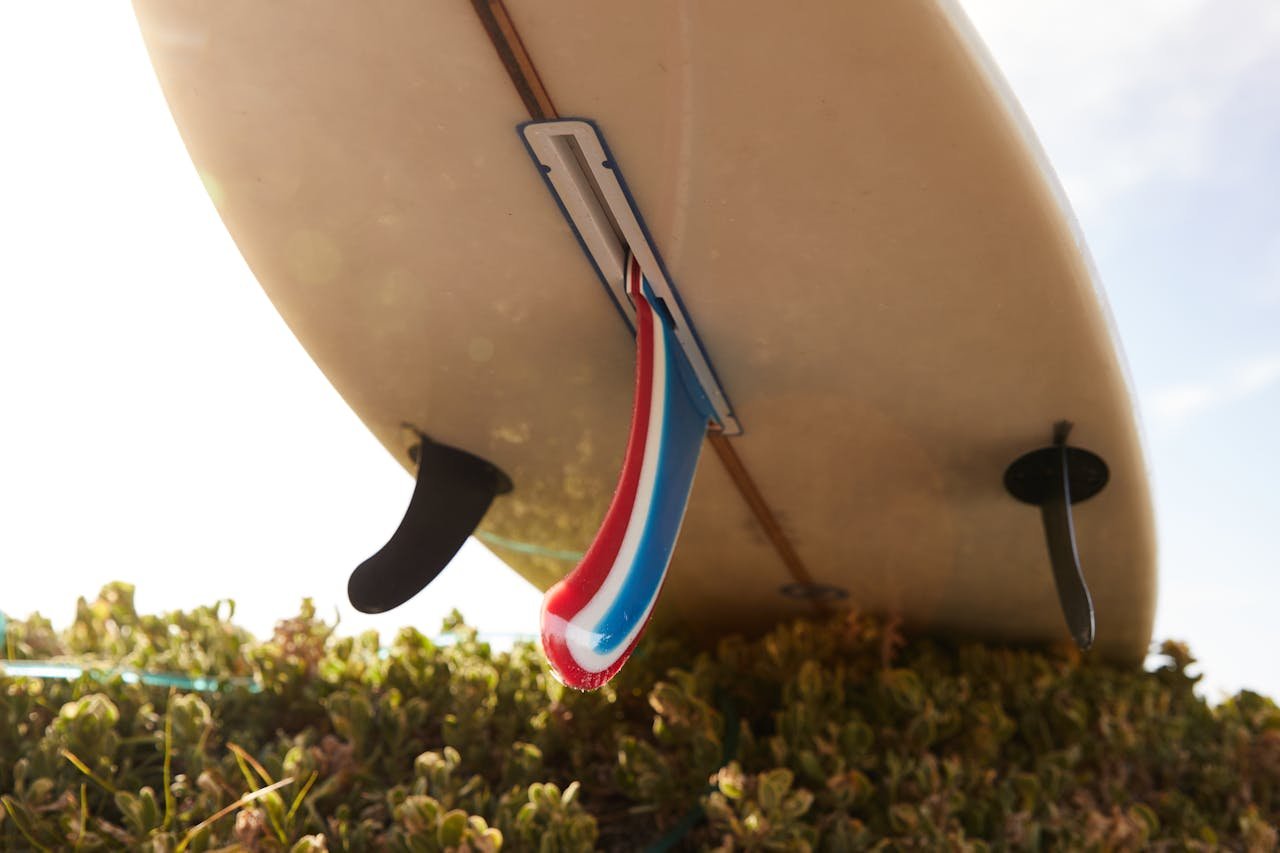 Low angle of surfboard with fins on greenery shrubs under cloudy sky in daylight